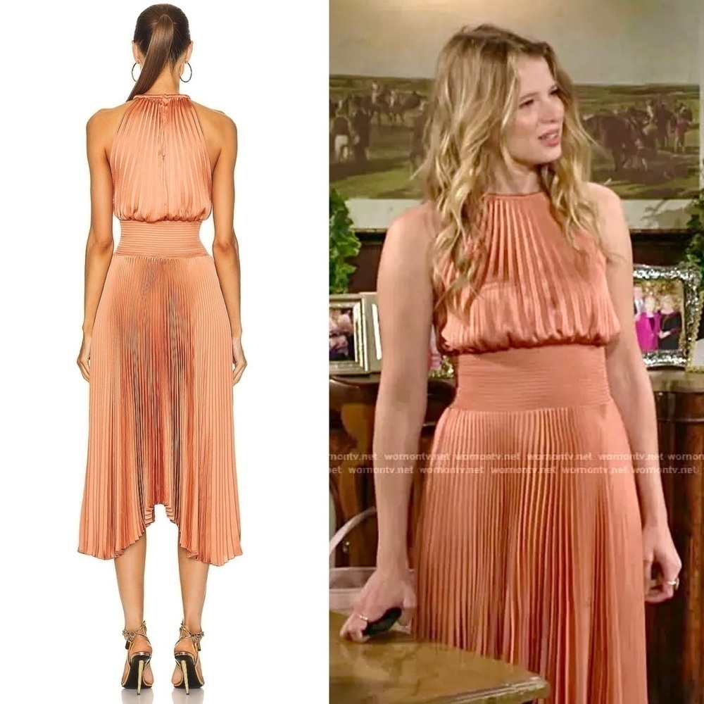 ALC Copper Satin Pleated Sleeveless Halter Smocked Waist Asymmetrical Hem Gown 2 - Picture 10 of 16